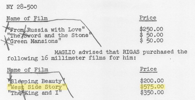 FBI file from 1966 detailing the black market price for various 16mm films.
